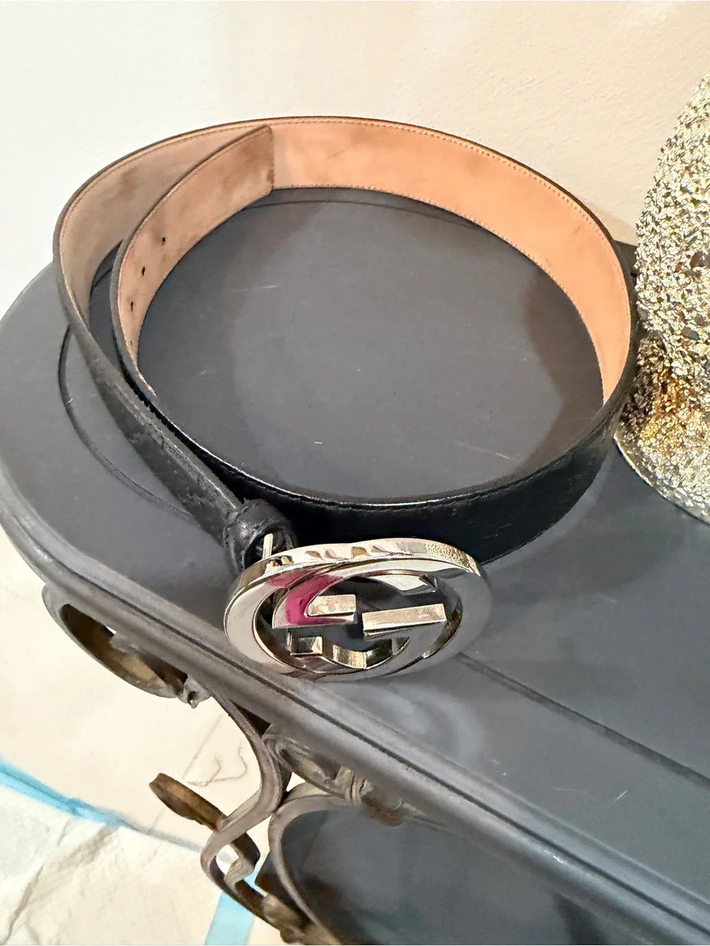 Gucci Black Leather Belt with Silver Double G Buckle